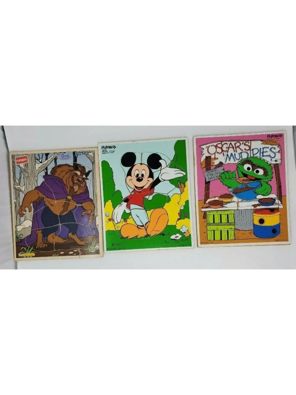 Vtg Playskool Disney Sesame Street Cardboard Puzzle Lot Mickey Beast Oscar 1980s